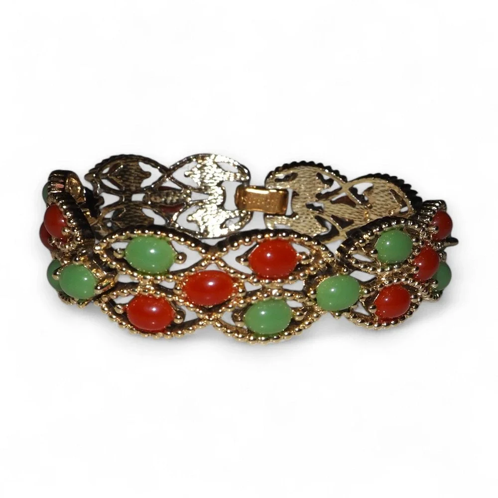 Sarah‎ Coventry Bracelet Women Gold Vintage 60s Faux Jade Cabochon Multi-Color